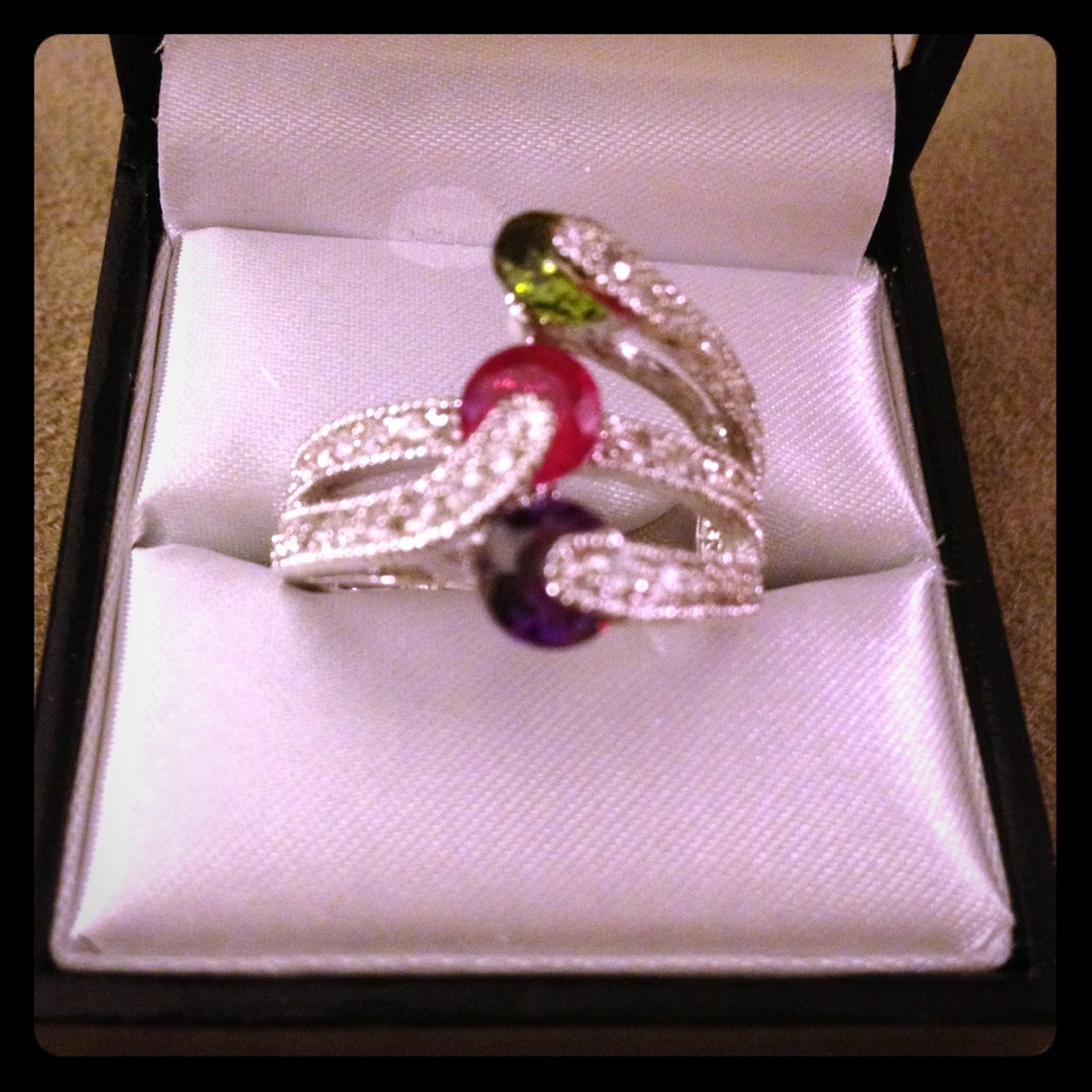Unique Ruby, Green & Purple Stone Ring With Pave - image 1